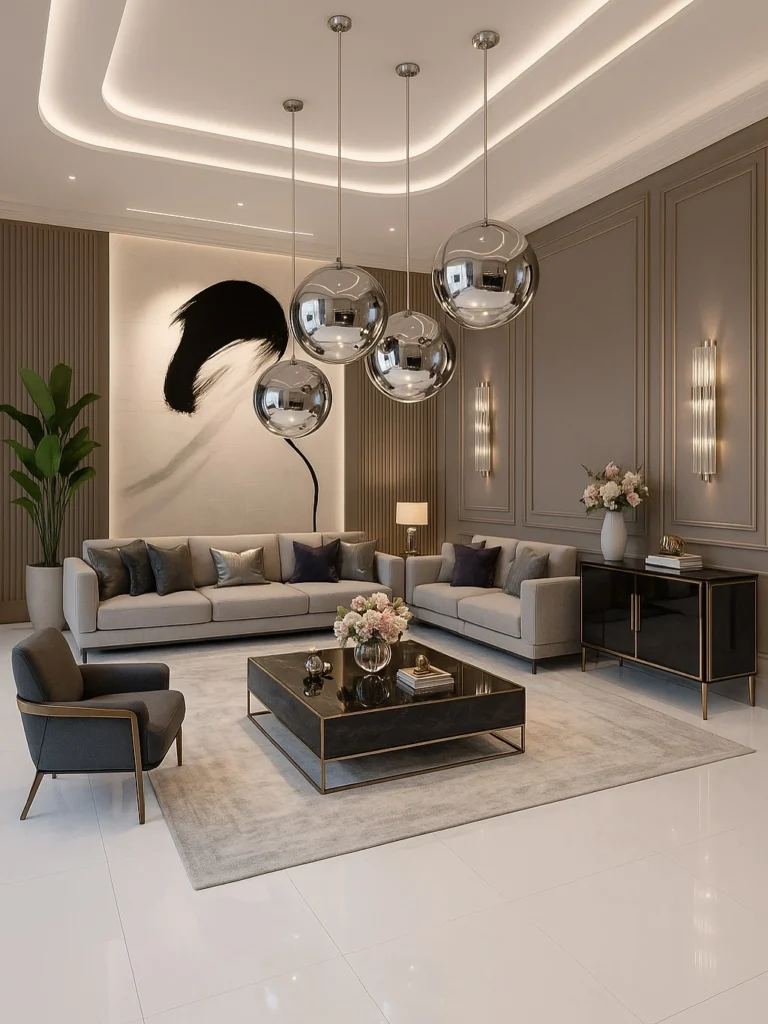 Luxury living room decor ideas with modern furniture, elegant lighting, and neutral color palette