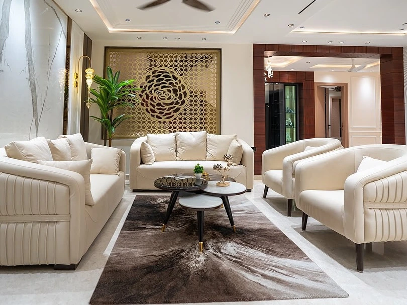 Luxury living room with dark ceiling design and balanced recessed lighting