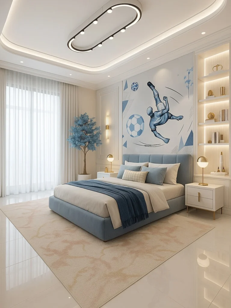 Modern boy bedroom with football wall mural and soft blue color scheme