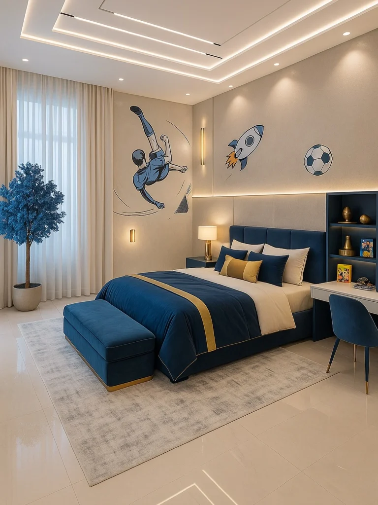 Girl and Boy Bedroom Design Ideas for a Stylish & Modern Space 3 Football themed boy bedroom design with blue bed and sports wall decor