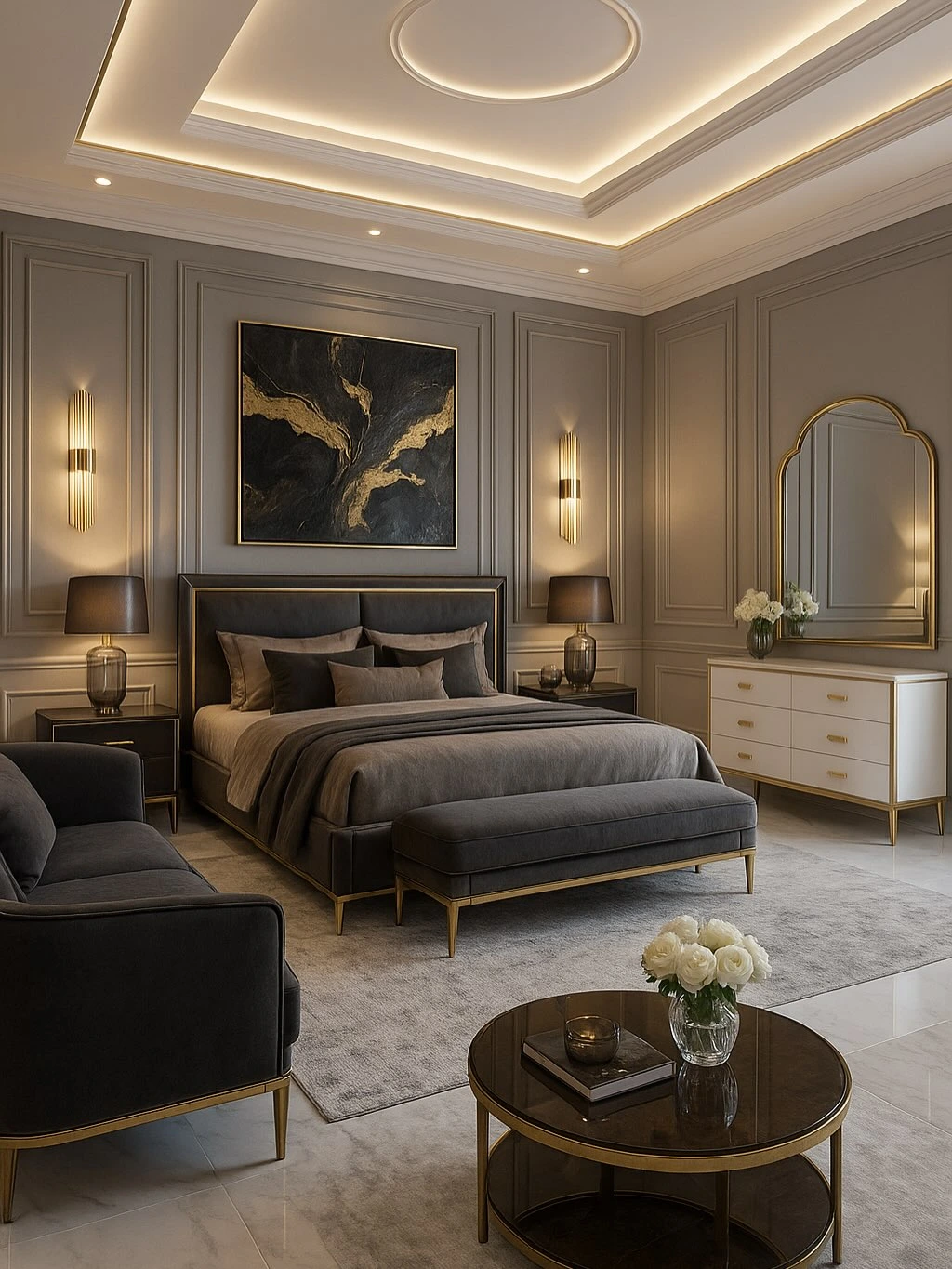 10 Stunning Bedroom Ideas That Look Expensive (But Are Surprisingly Doable) 2 Modern luxury grey bedroom with wall paneling, gold wall sconces, and a dark velvet sofa.