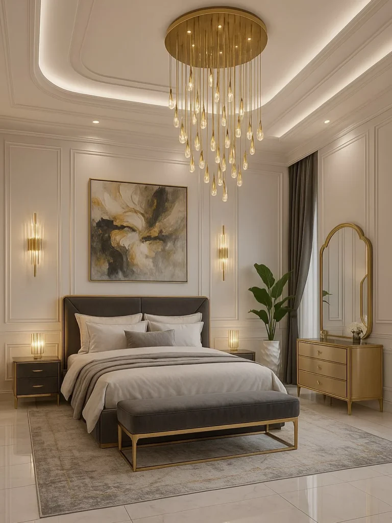 10 Stunning Bedroom Ideas That Look Expensive (But Are Surprisingly Doable) 3 Elegant bedroom with a large crystal raindrop chandelier, white wall molding, and gold furniture accents.