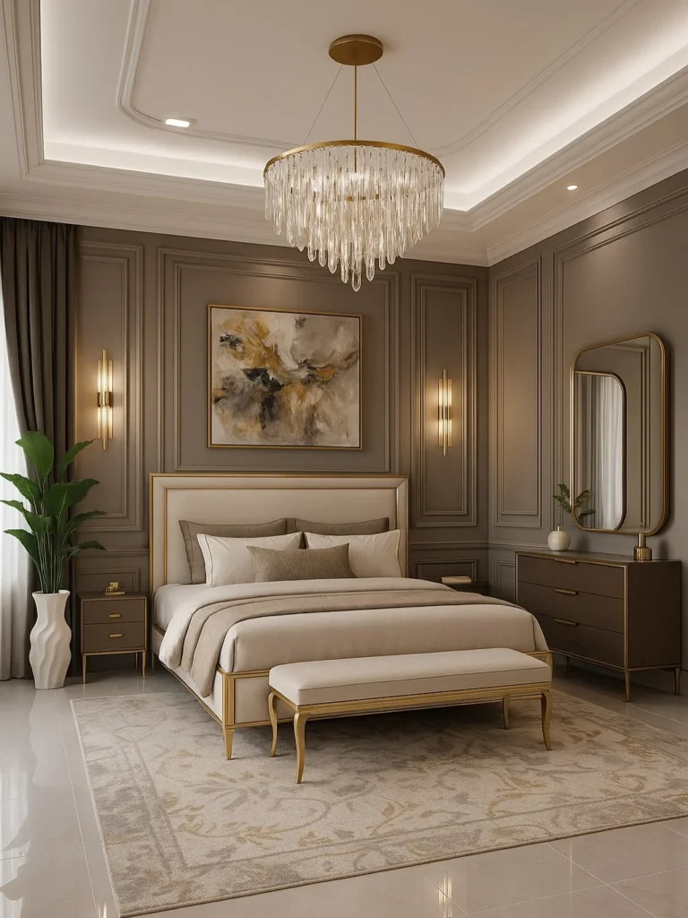 10 Stunning Bedroom Ideas That Look Expensive (But Are Surprisingly Doable) 4 Cozy beige and cream bedroom design with gold trim furniture, large abstract wall art, and soft lighting.