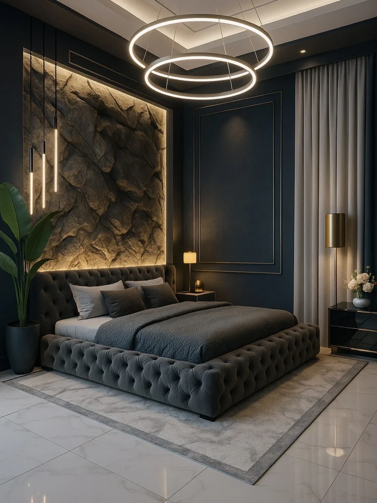 10 Stunning Bedroom Ideas That Look Expensive (But Are Surprisingly Doable) 8 Dark modern bedroom with a stone texture feature wall, hanging pendant lights, and a circular LED chandelier.