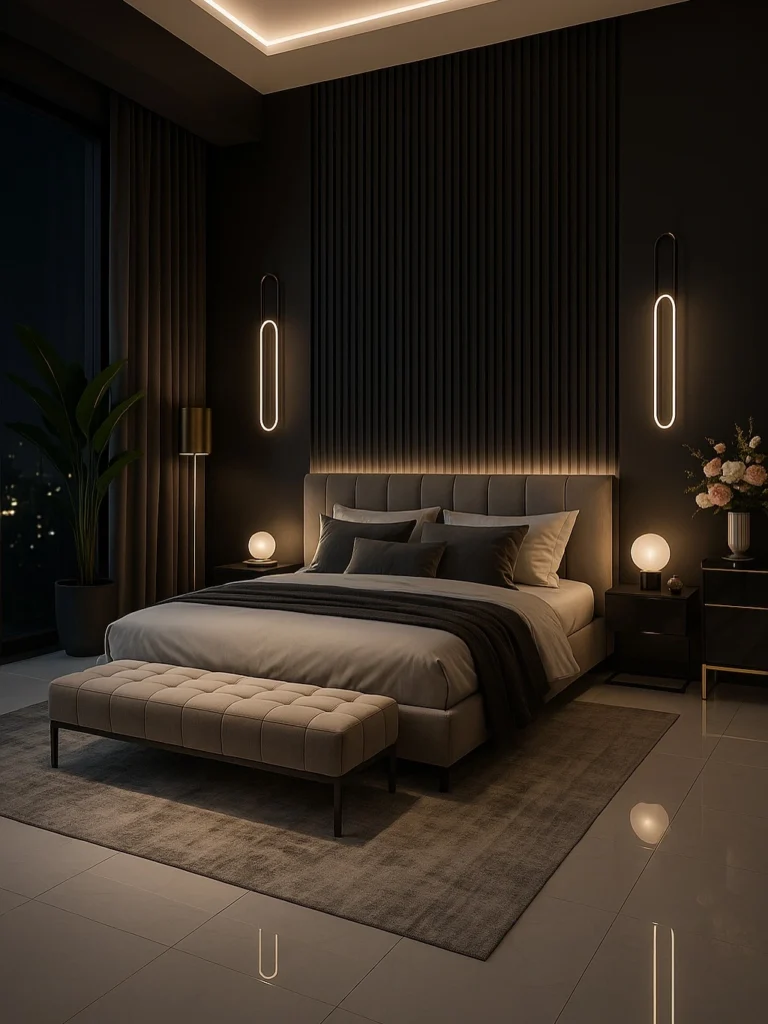 10 Stunning Bedroom Ideas That Look Expensive (But Are Surprisingly Doable) 9 Modern dark bedroom with vertical wall paneling, unique oval LED wall lights, and under-bed mood lighting.