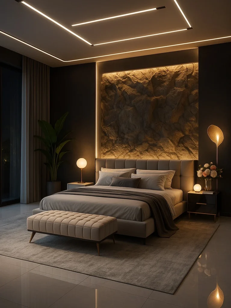 10 Stunning Bedroom Ideas That Look Expensive (But Are Surprisingly Doable) 11 Dramatic dark bedroom featuring a large backlit stone texture wall and warm amber lighting.