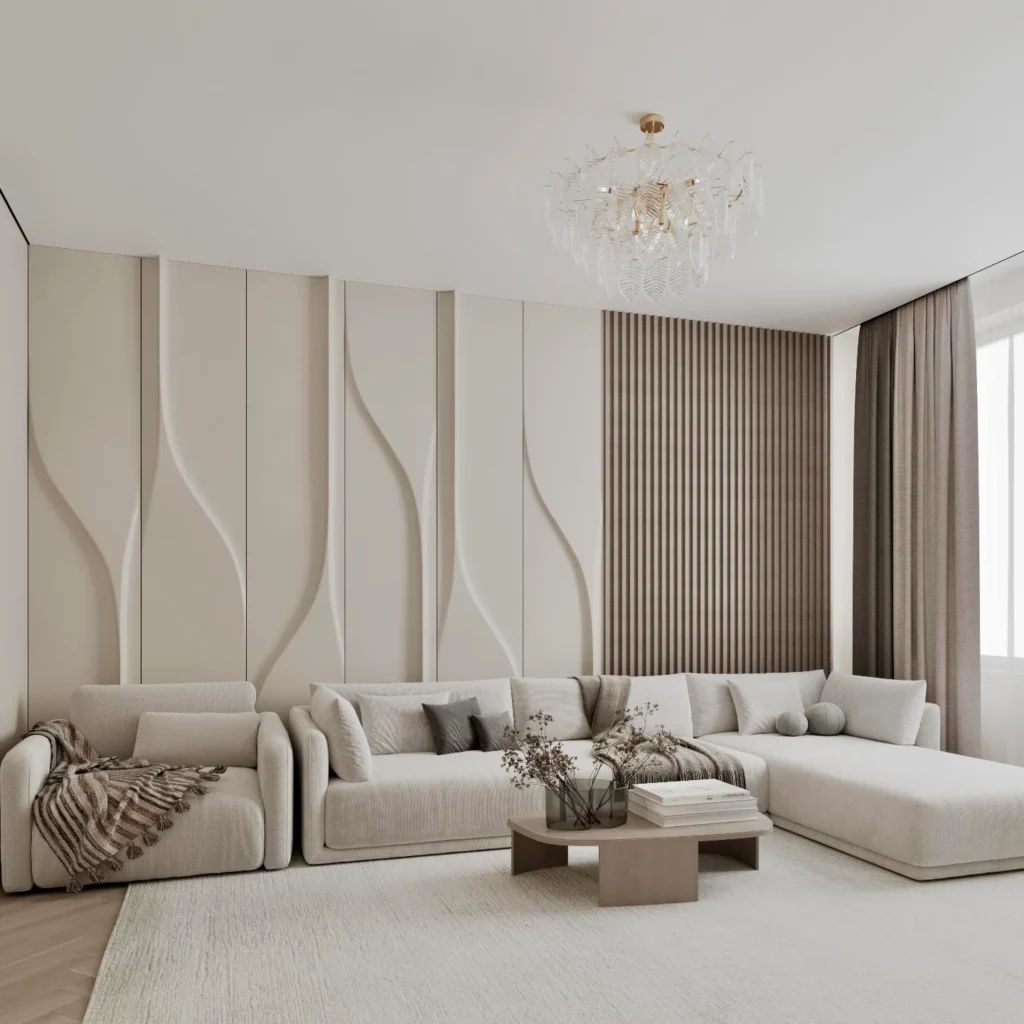 Modern living room with excessive wall panel designs and neutral sectional sofa