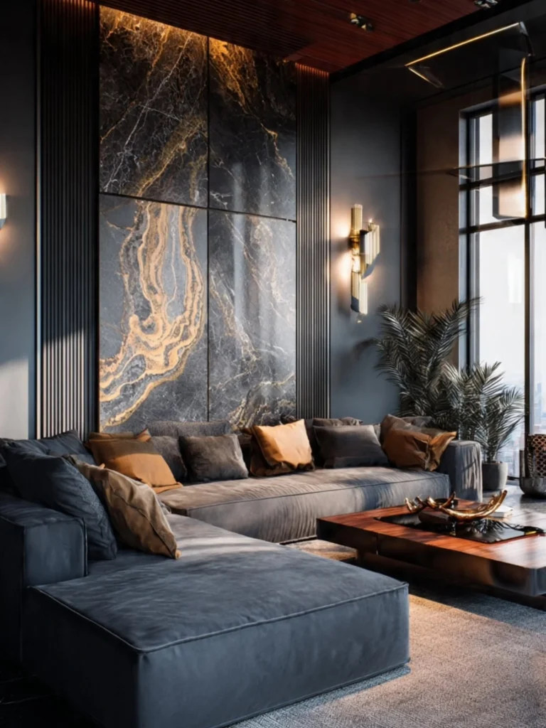 Living room with limited natural light due to heavy curtains