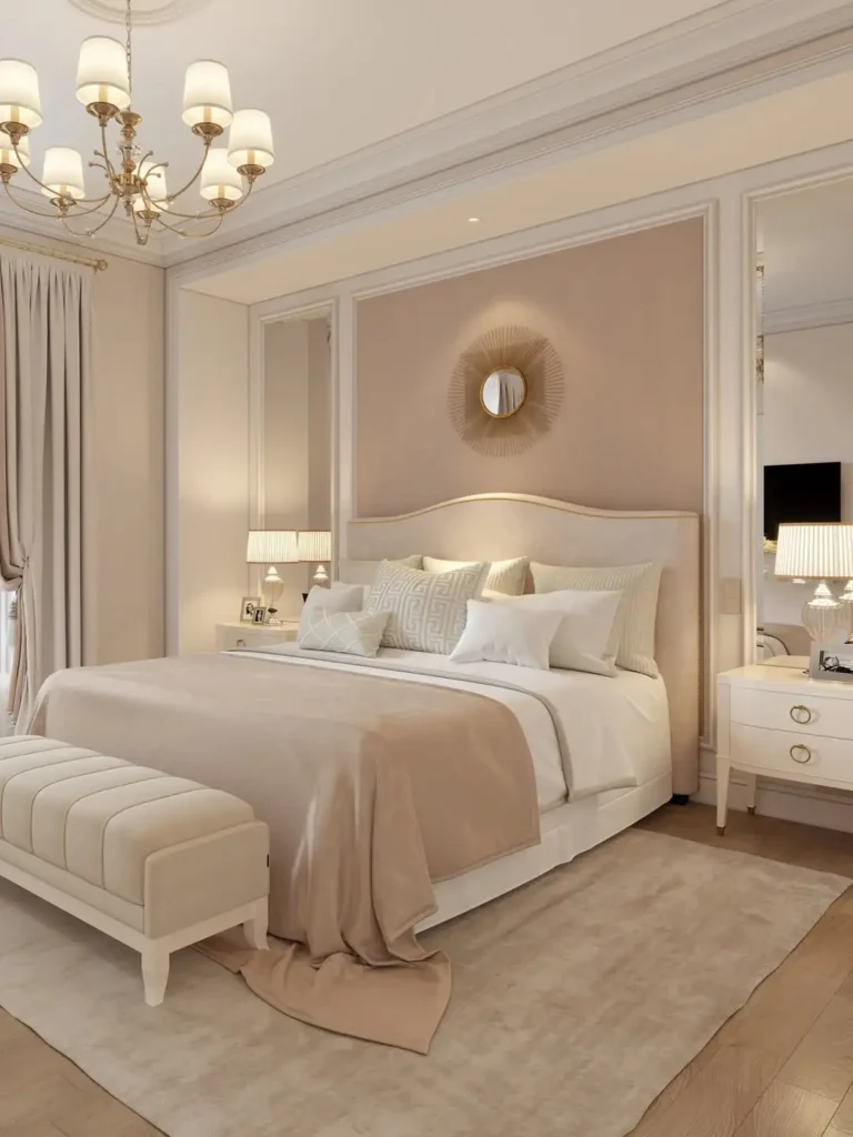Luxury upholstered bed in modern bedroom with cozy neutral decor
