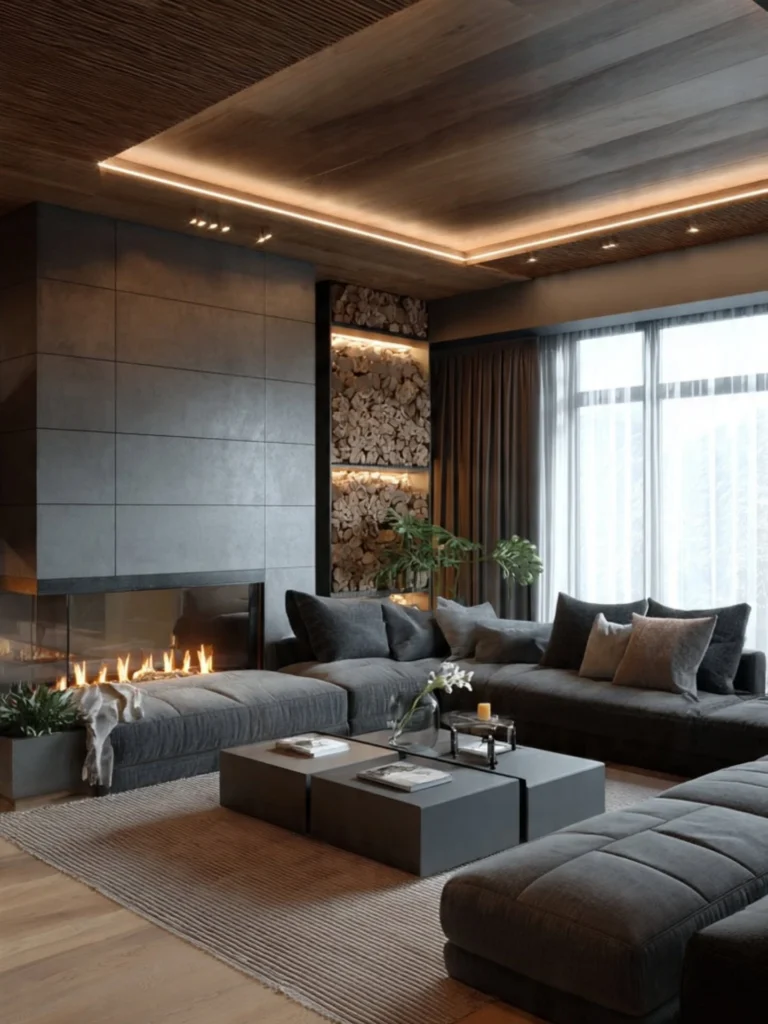 Living room with wooden ceiling and warm recessed lighting
