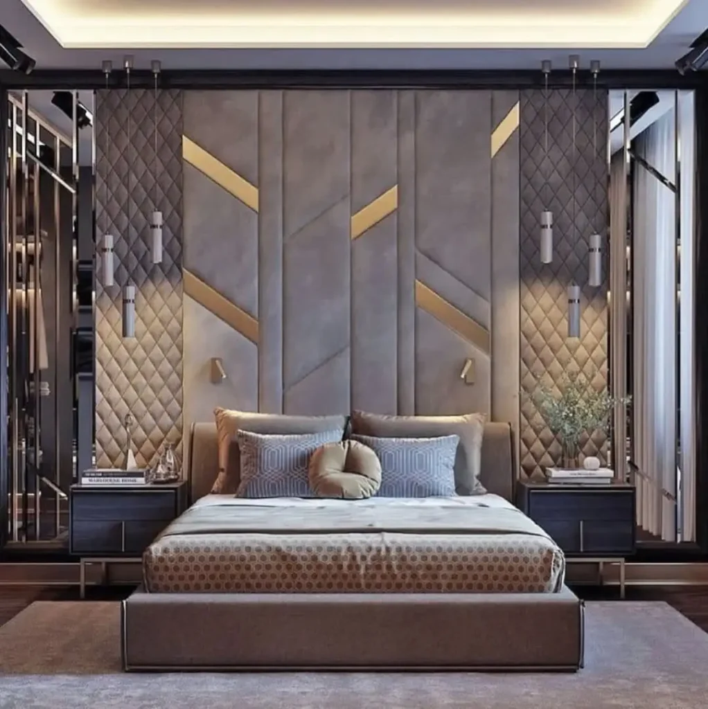 Luxury bedroom with modern chandelier and sophisticated lighting design