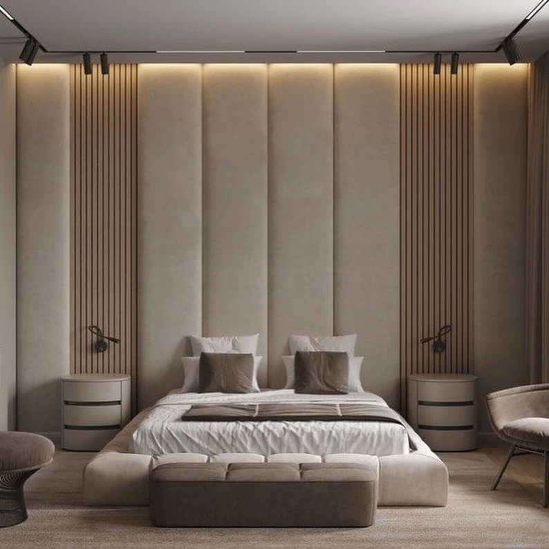 Soft white modern luxury bedroom with plush bedding and minimalist decor