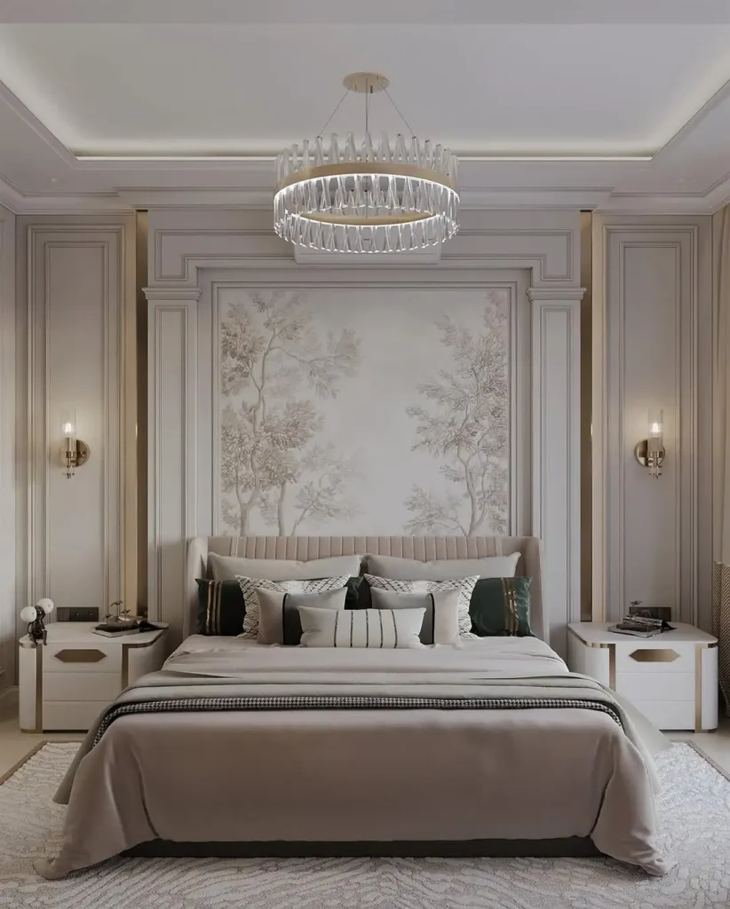 Grand modern luxury bedroom with premium decor, lighting, and elegant furniture