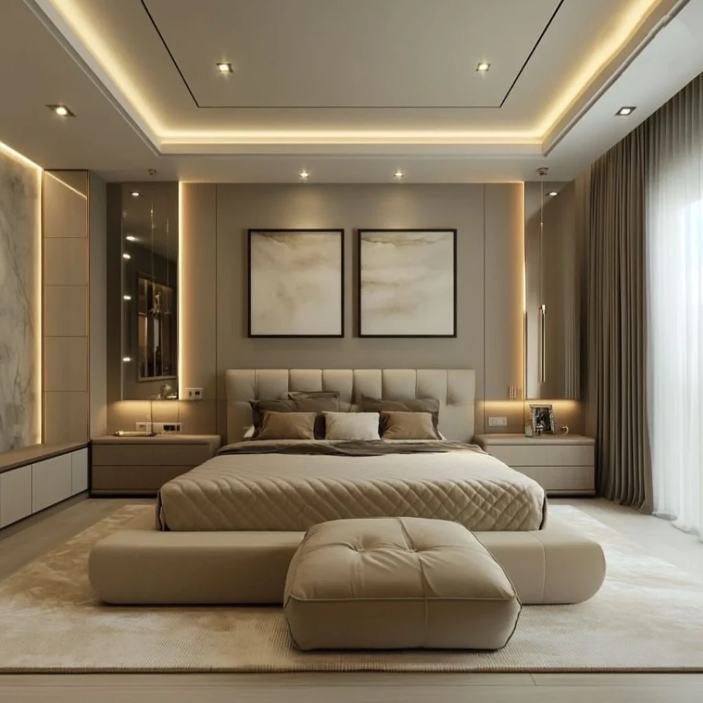 Hotel-style modern luxury bedroom with hidden LED lighting and floating bed design