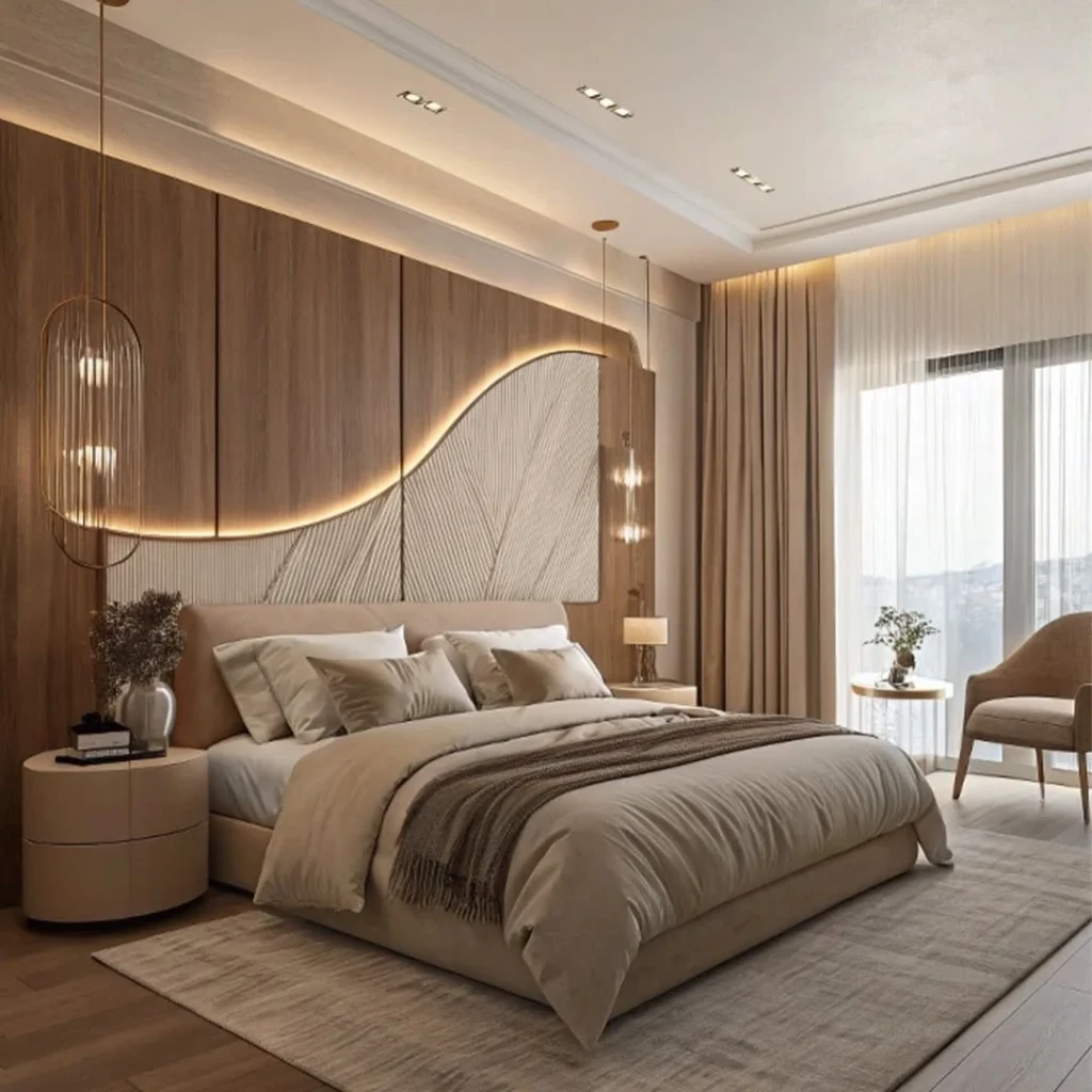 Modern luxury bedroom featuring wood panel wall design with soft lighting and elegant bedding