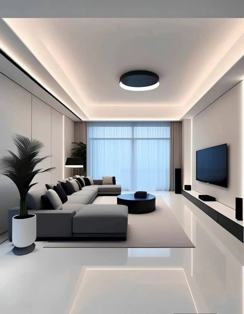 Modern living room featuring layered ceiling and LED lighting