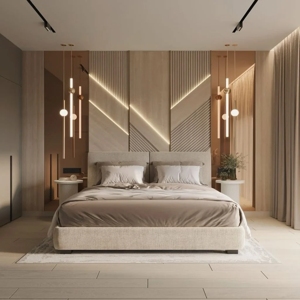 Minimalist modern luxury bedroom with clean lines, neutral colors, and soft textures