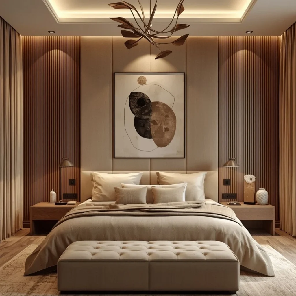 Symmetrical modern luxury bedroom with matching bedside tables and pendant lights