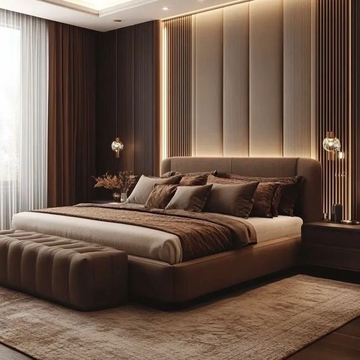 Luxury bedroom interior with designer pendant lights and warm ambient lighting