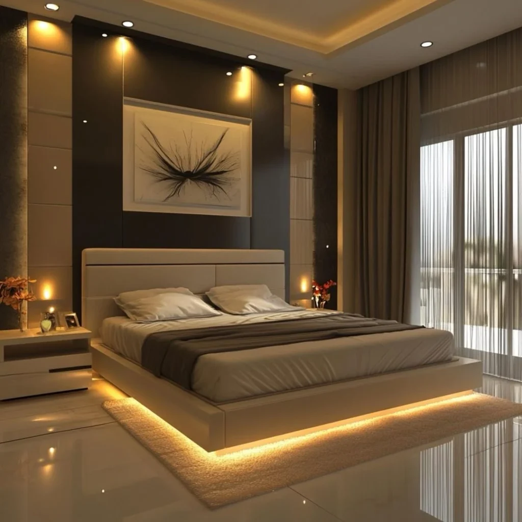 Grey and white modern luxury bedroom with plush bedding and accent lighting