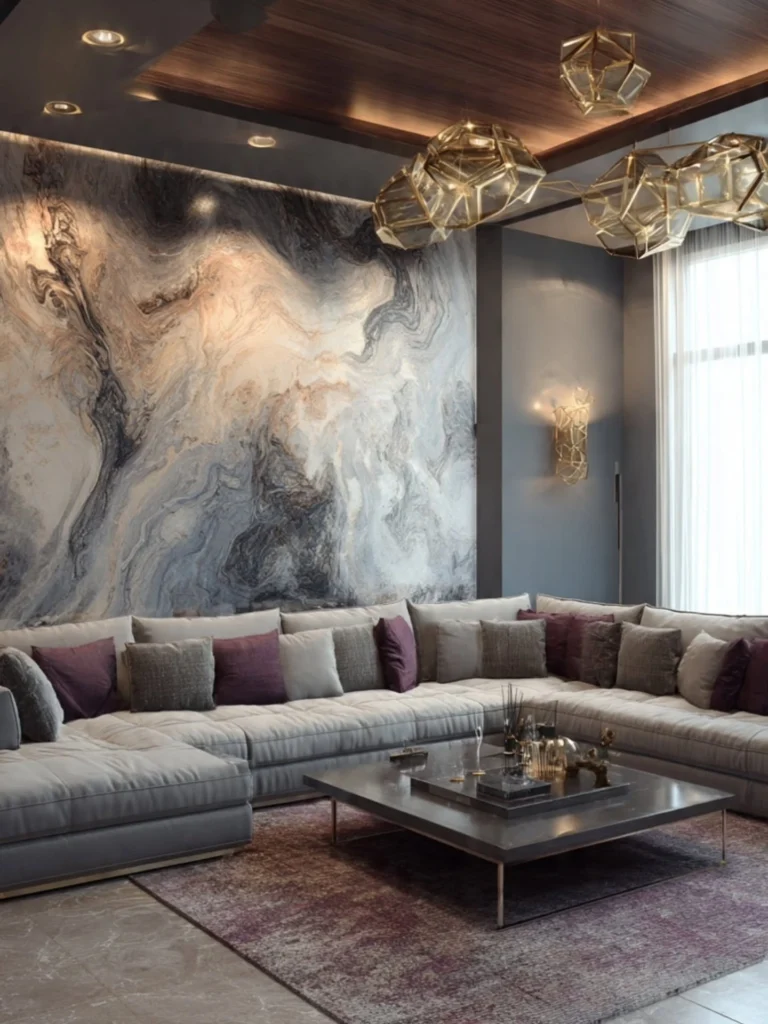 Luxury living room with overpowering marble accent wall