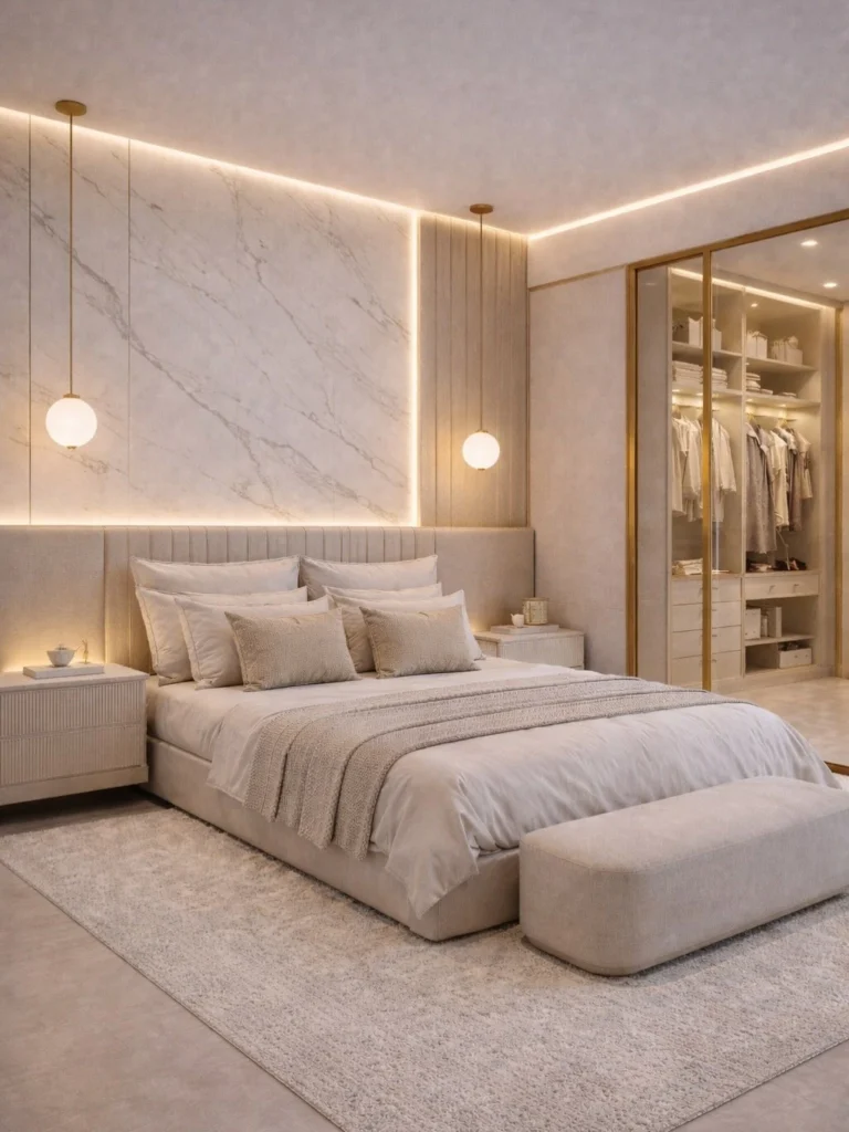 High-end modern luxury bedroom with premium materials and elegant lighting design