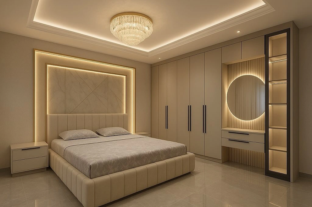 Luxury small bedroom with modern ceiling lights and neutral color palette