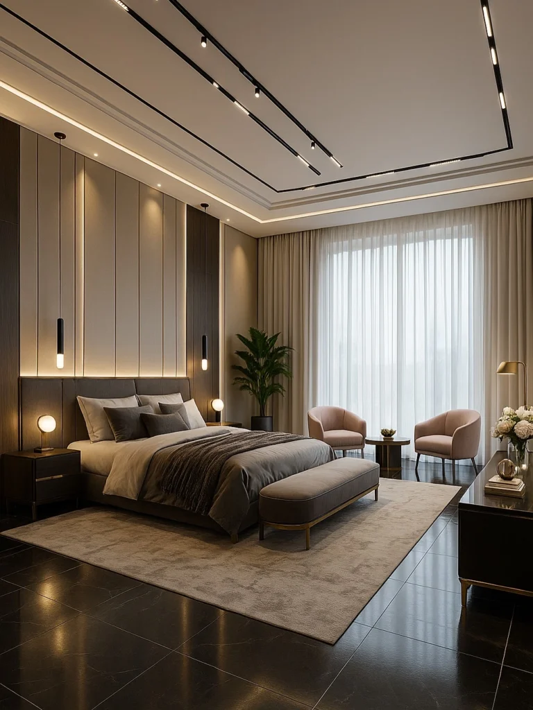 Luxury bedroom lighting with LED ceiling design for small rooms