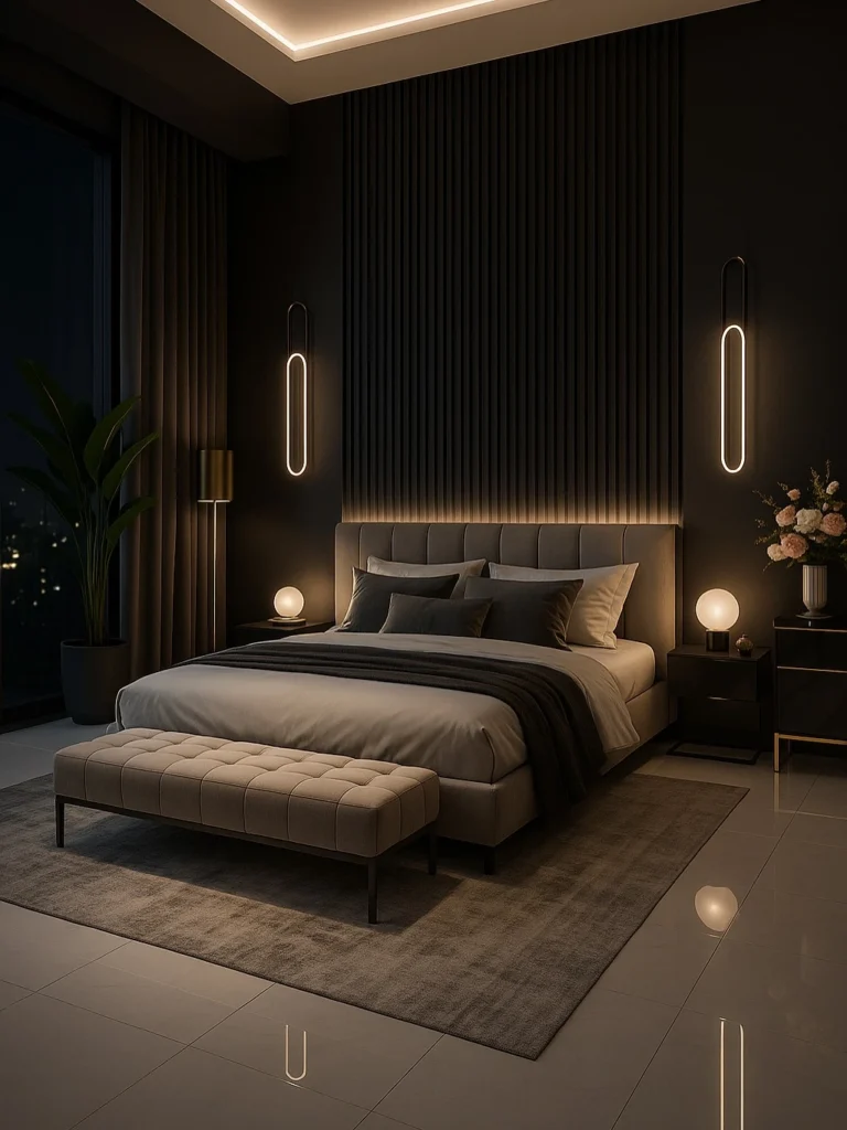 Luxury bedroom with accent chairs and elegant decor