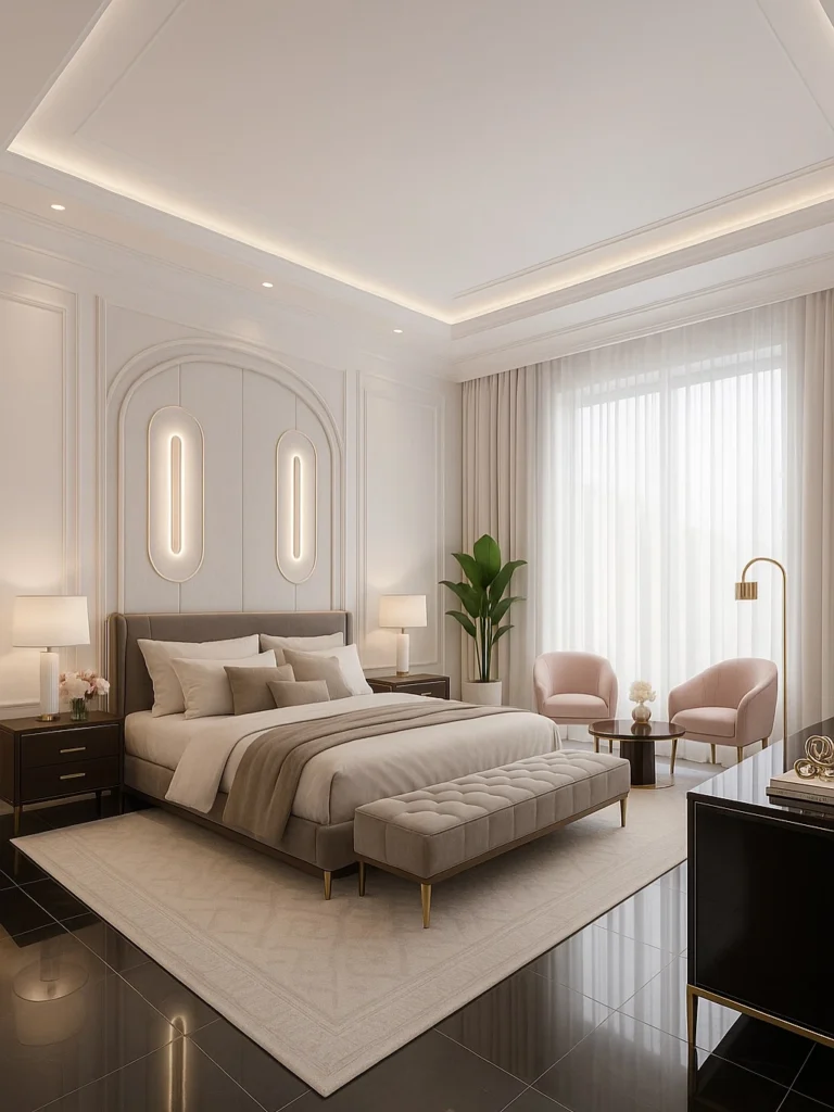 Elegant beige and grey bedroom with luxury decor