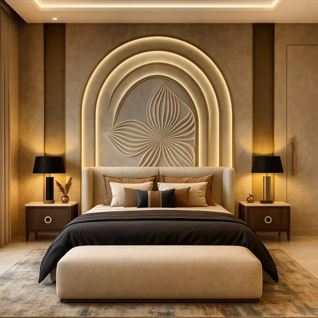 Textured accent wall behind bed in luxury small bedroom