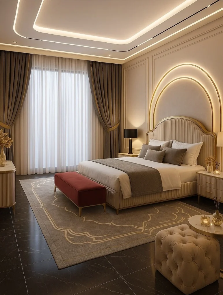 Modern small bedroom with luxury chandelier and layered ceiling lighting