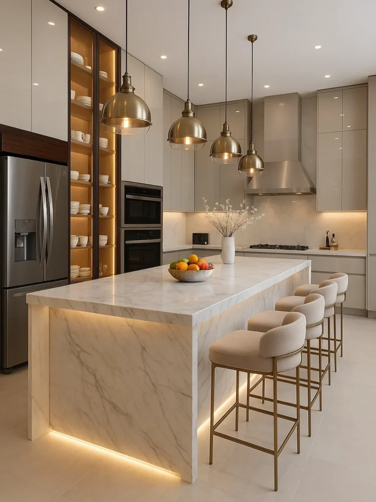 Kitchen organization design with marble island, built-in shelves, and modern lighting setup