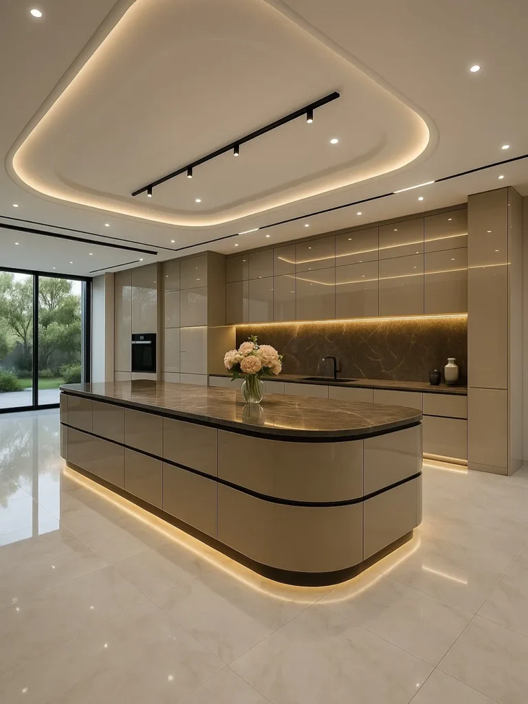 Modern kitchen organization ideas with warm lighting, smart storage, and elegant cabinetry