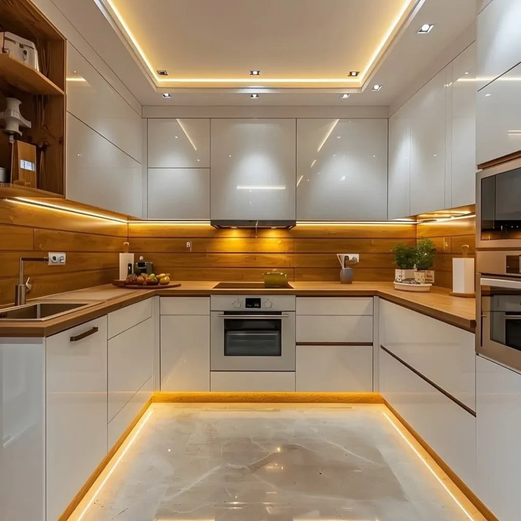 Minimalist white kitchen organization featuring smart cabinets, under-cabinet lighting, and clean layout