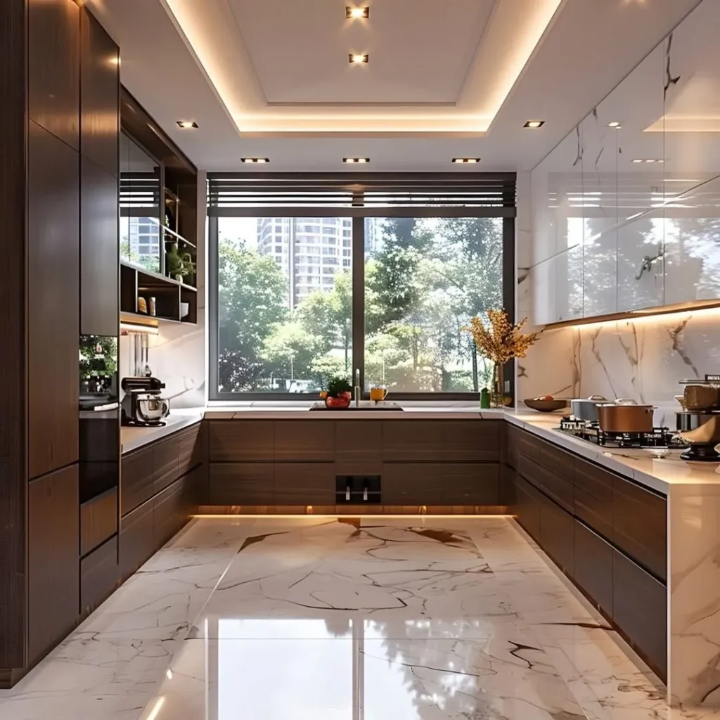 Modern kitchen organization with large windows, deep drawers, and space-saving storage solutions