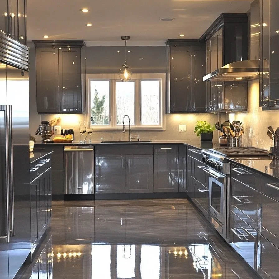 Elegant kitchen organization design with glossy cabinets, smart storage, and polished finishes