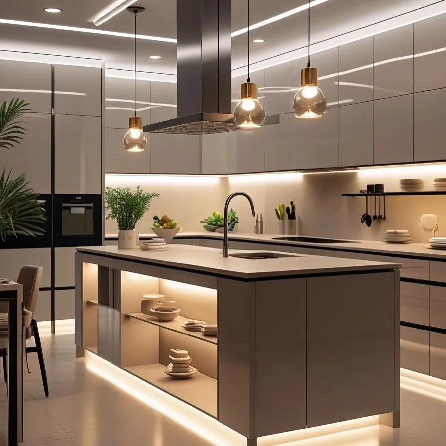 Modern kitchen organization ideas with island layout, under-lighting, and organized storage space