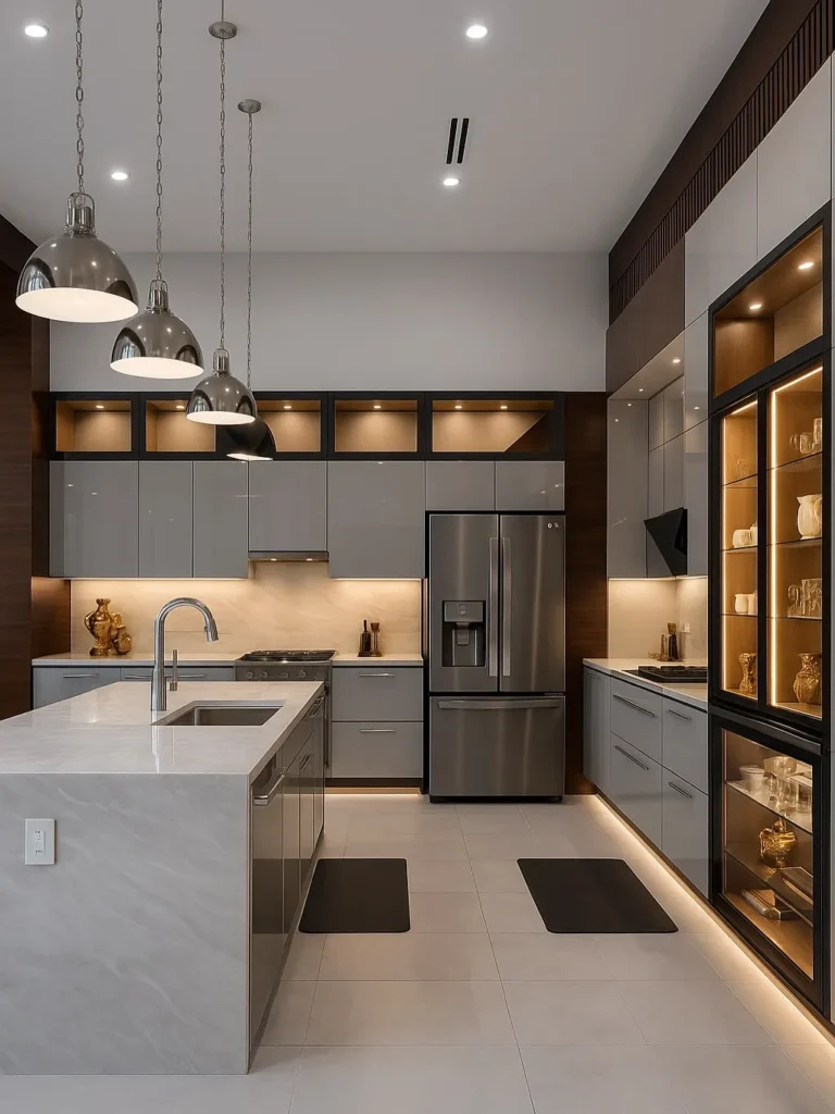 Modern kitchen organization with island counter, pendant lighting, and practical storage solutions