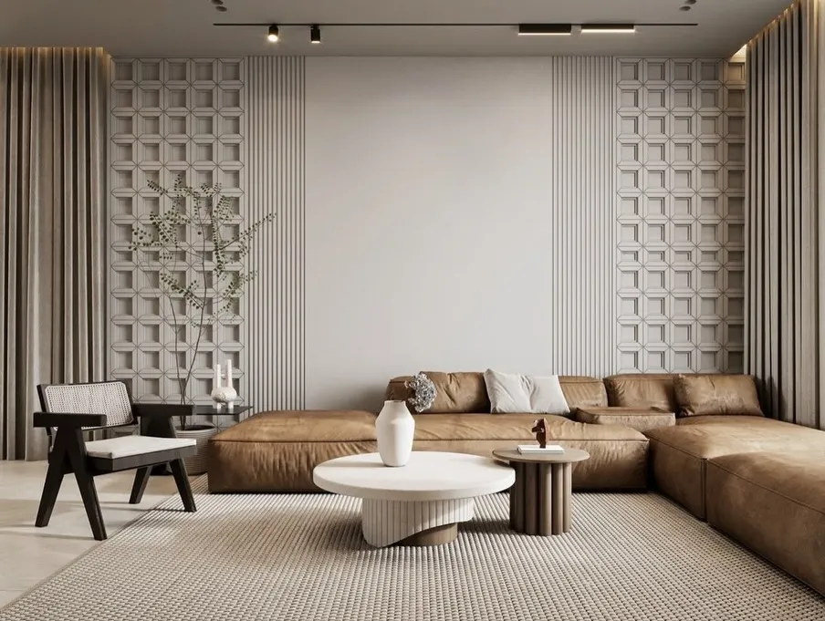 Stylish living room furniture with brown leather sectional, modern coffee table, and textured wall design