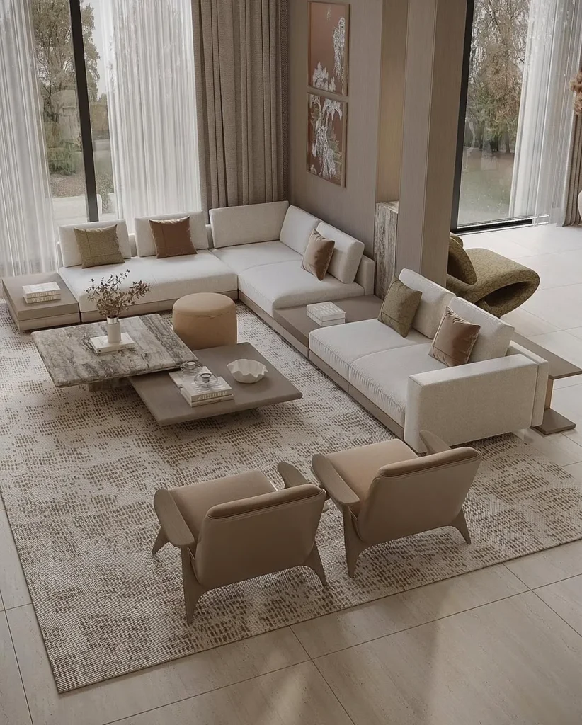 Luxury living room furniture featuring neutral sectional sofa, soft textures, and modern interior styling
