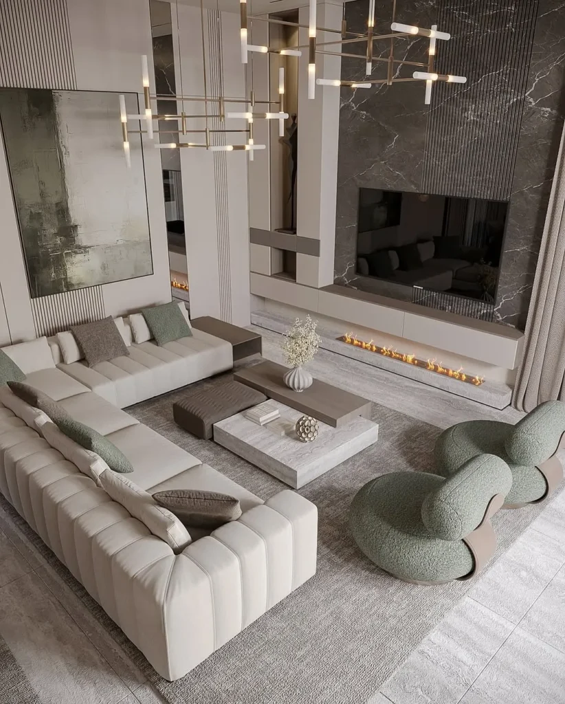 High-end living room furniture with modern sofa set, designer lighting, and premium decor accents