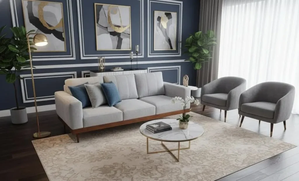 Cozy living room furniture arrangement with comfortable seating and warm modern interior design