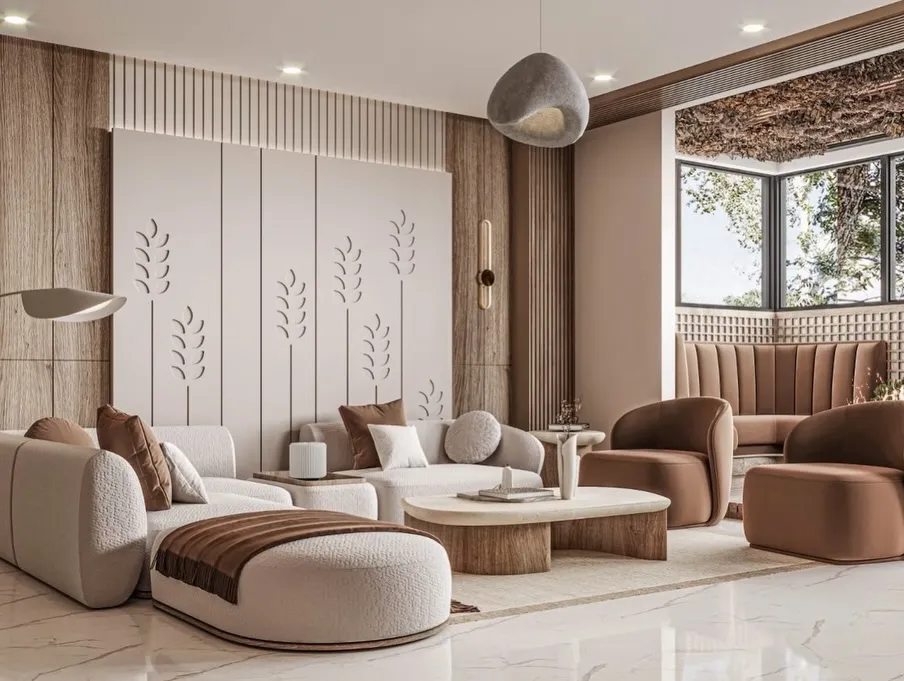 Minimalist living room furniture with soft color palette, modern sofa, and natural light