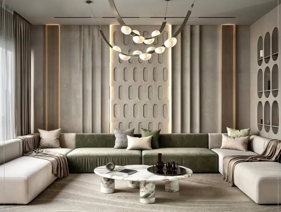 Modern living room furniture with curved sectional sofa, textured wall panels, and elegant lighting design