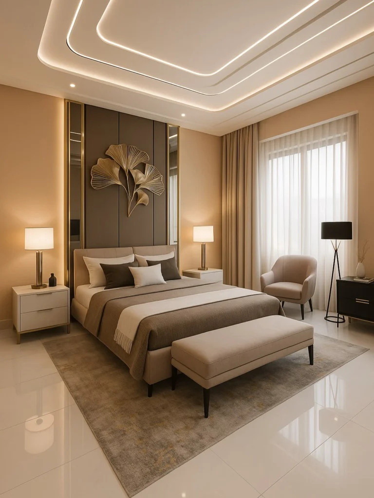 Airbnb Decor Ideas That Increase Bookings (Stylish, Cozy & Guest-Approved) 11 Modern Airbnb bedroom with ceiling lights and clean architectural design