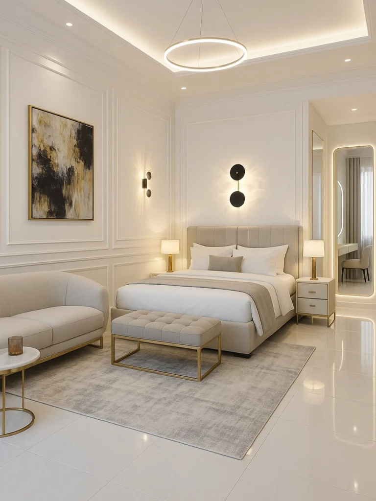 Bright Airbnb bedroom with white walls, modern furniture, and soft lighting