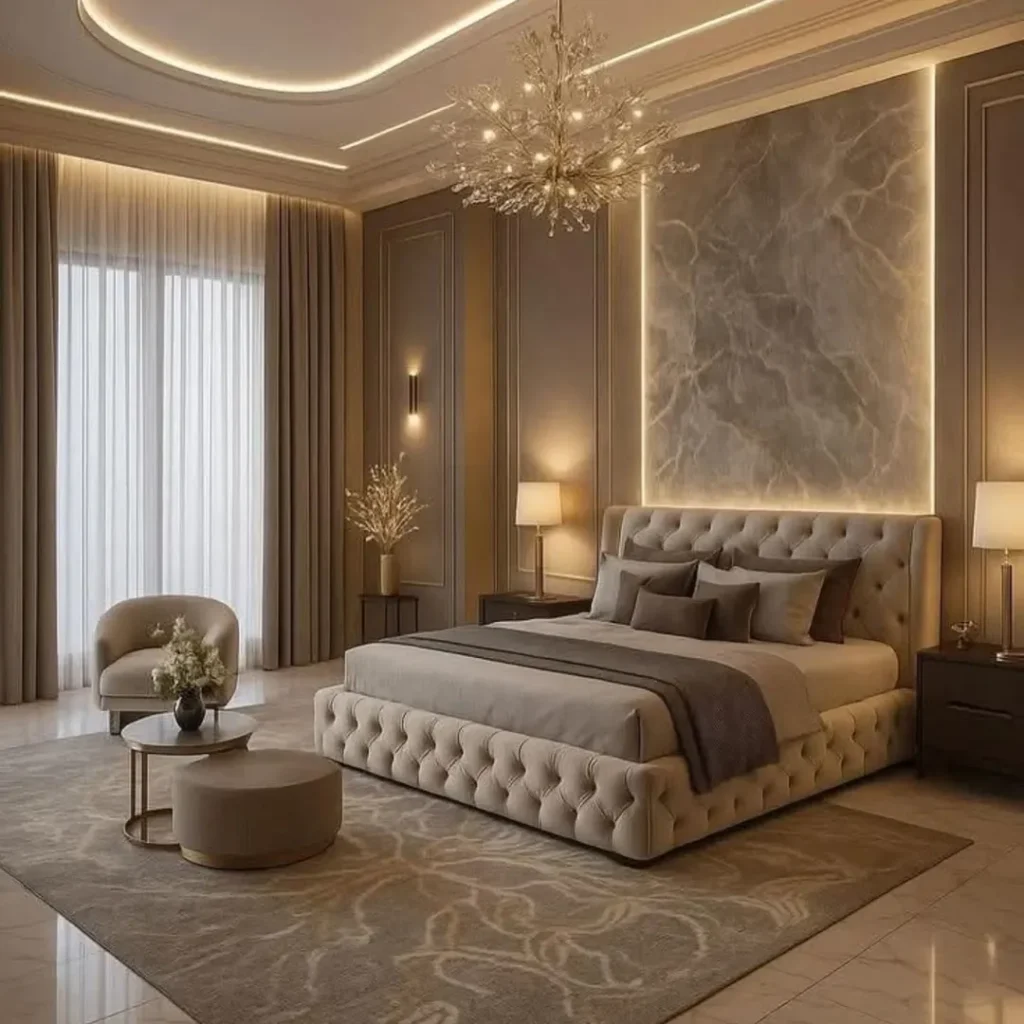 Airbnb Decor Ideas That Increase Bookings (Stylish, Cozy & Guest-Approved) 5 Neutral Airbnb bedroom decor with gold accents and elegant furniture