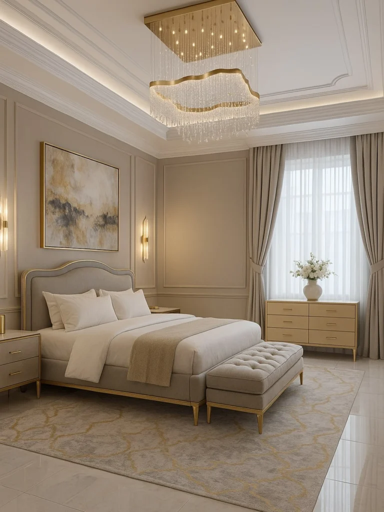 Airbnb Decor Ideas That Increase Bookings (Stylish, Cozy & Guest-Approved) 8 Elegant Airbnb bedroom with beige tones, classic furniture, and warm lighting