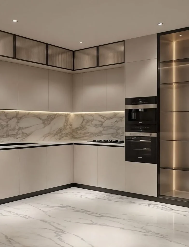 modern kitchen with marble backsplash